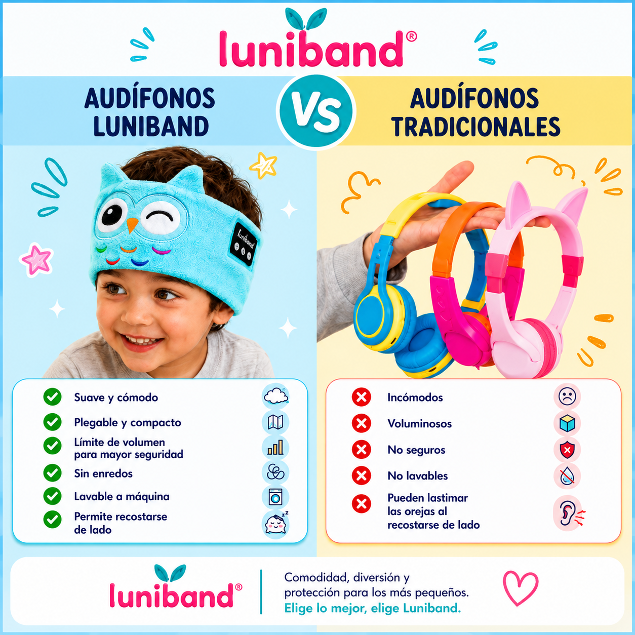 Luniband® | Banda con Auriculares Suaves para Niños